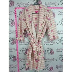 Betsey Johnson robe ruffle Pink and Cream Striped Heart Fleece Robe with Belt